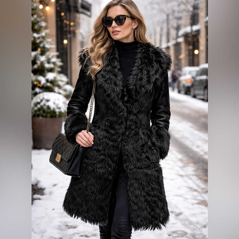 Black Fur Leather Chic Coat M/L NWT High End Designer Statement Luxury Layering
